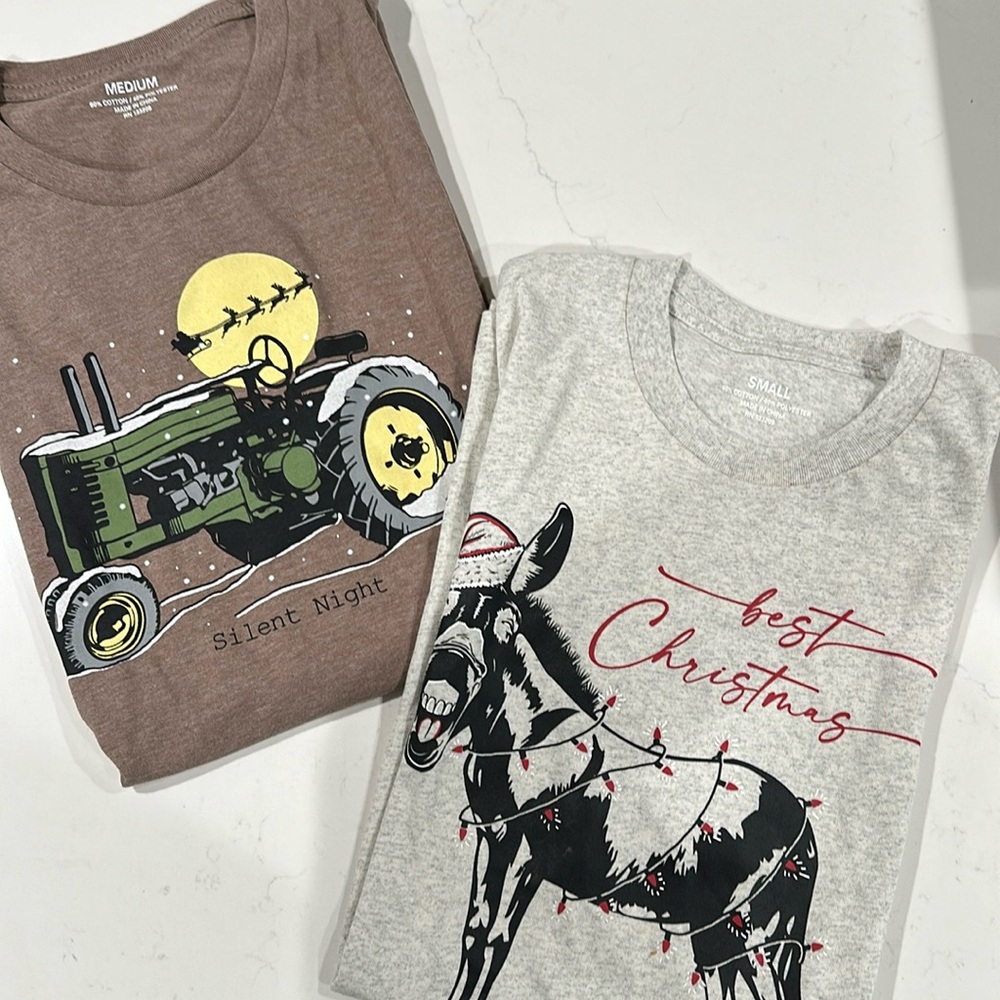 NWOT - Set of 2 Christmas T-Shirts Unisex Size Small & Medium Short Sleeve